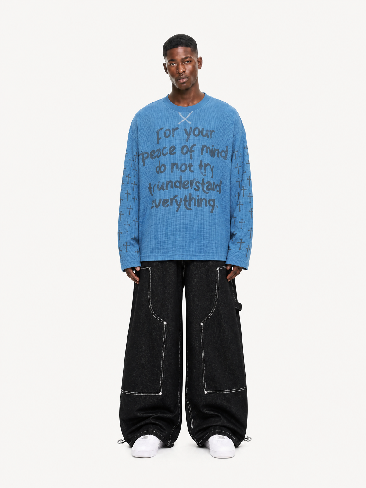 Gothic Cross Print Waffle Knit Long Sleeve Tee