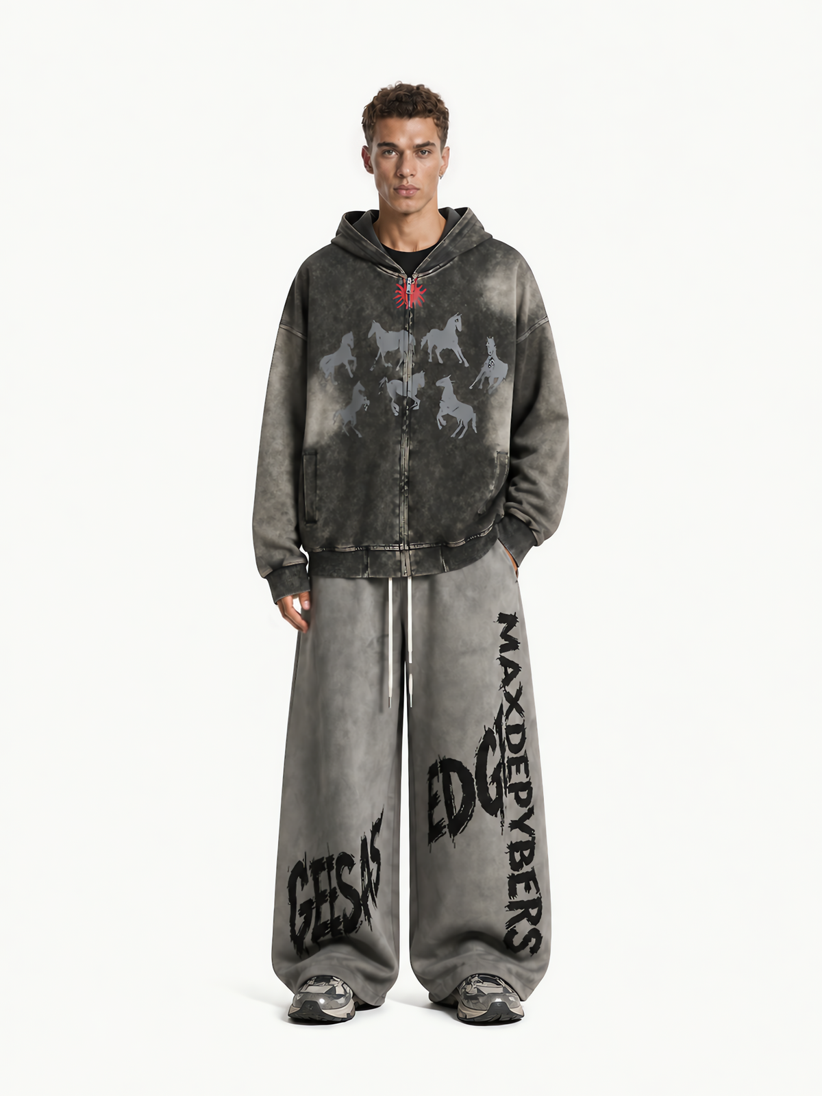 OYL‑Lab Vintage Washed Horse Graphic Zip‑Up Hoodie
