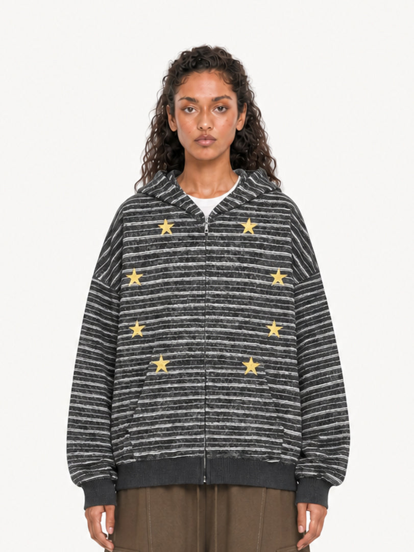 OYL-Lab Oversized Striped Star Embroidered Zip Up Hoodie