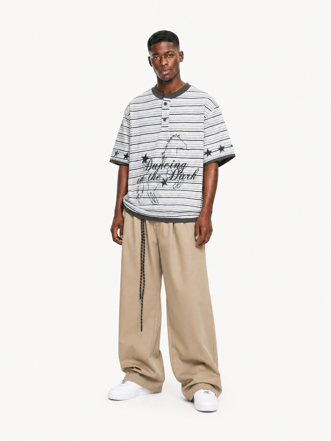 OYL-Lab Stripe Henley Neck Vintage Print Tee