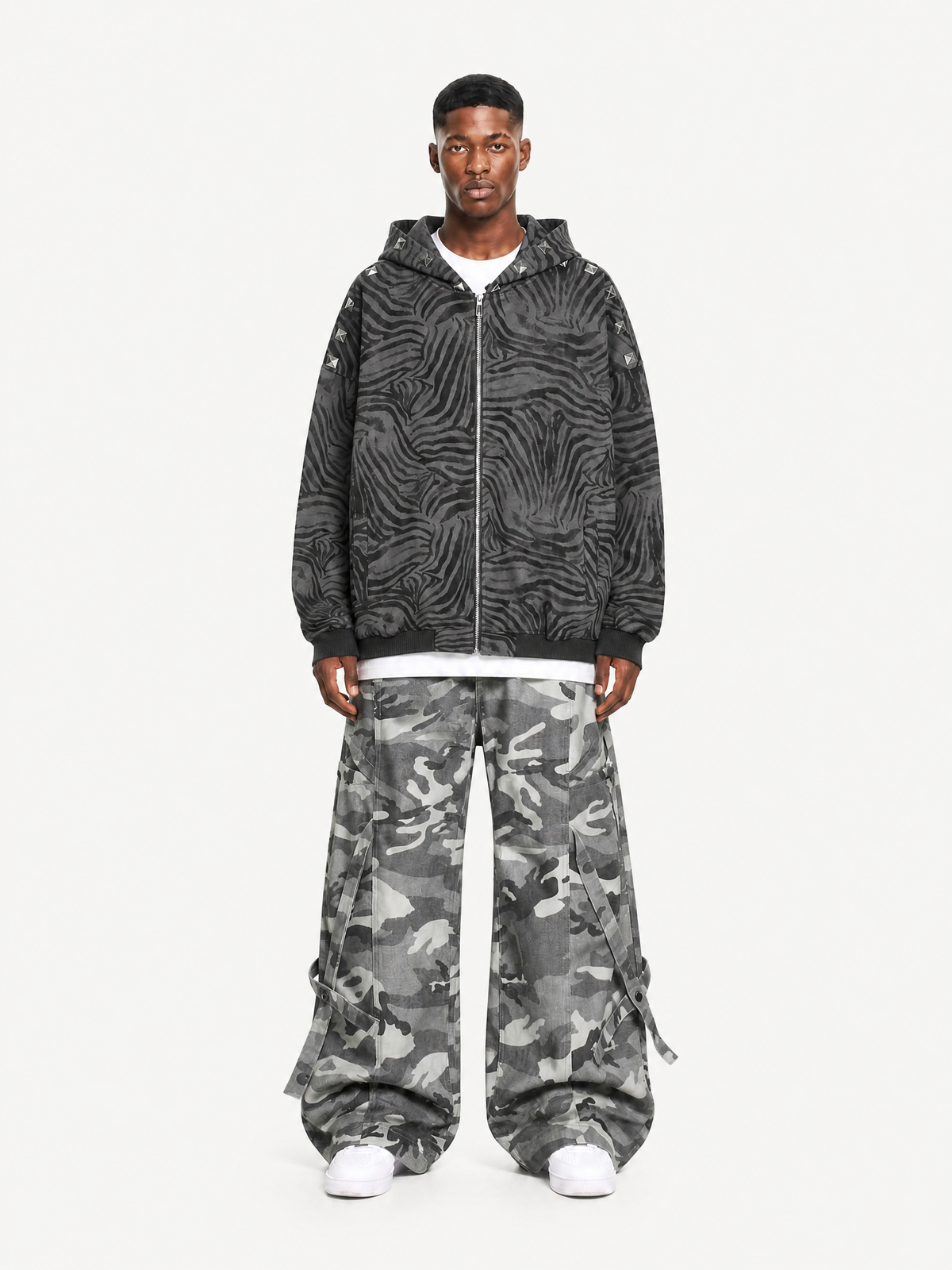 OYL-Lab Zebra Print Studded Zip Up Hoodie