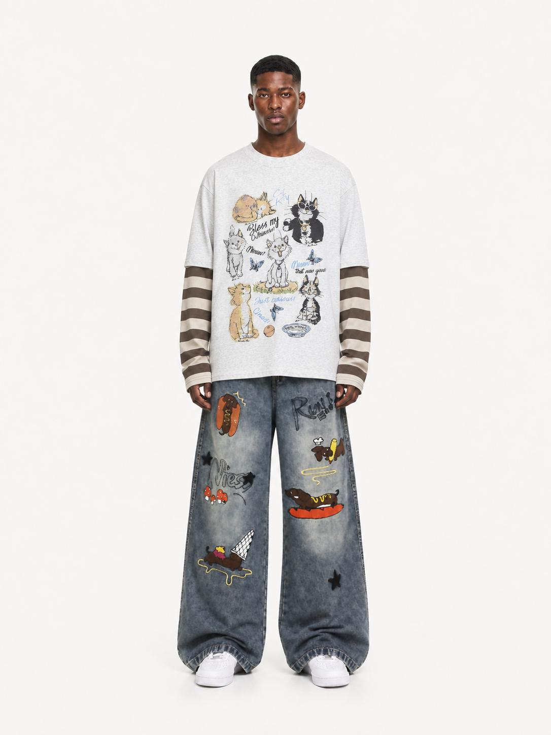 OYL-Lab Cat Graphic Fake Two Piece Long Sleeve Tee