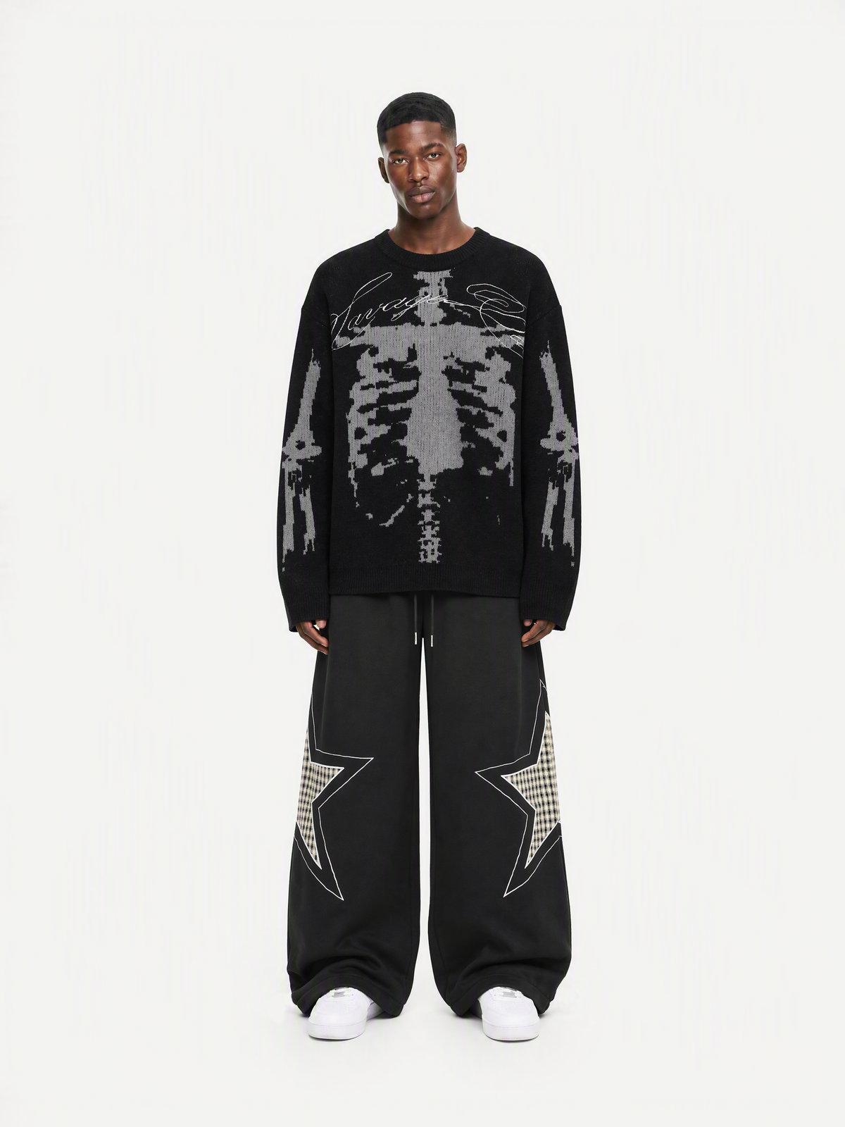 OYL-Lab Star Plaid Patchwork Embroidered Barrel Baggy Sweatpants