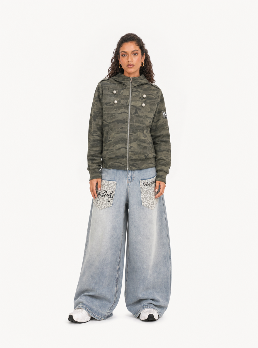 OYL-Lab Military Camo Epaulet Cropped Zip Hoodie