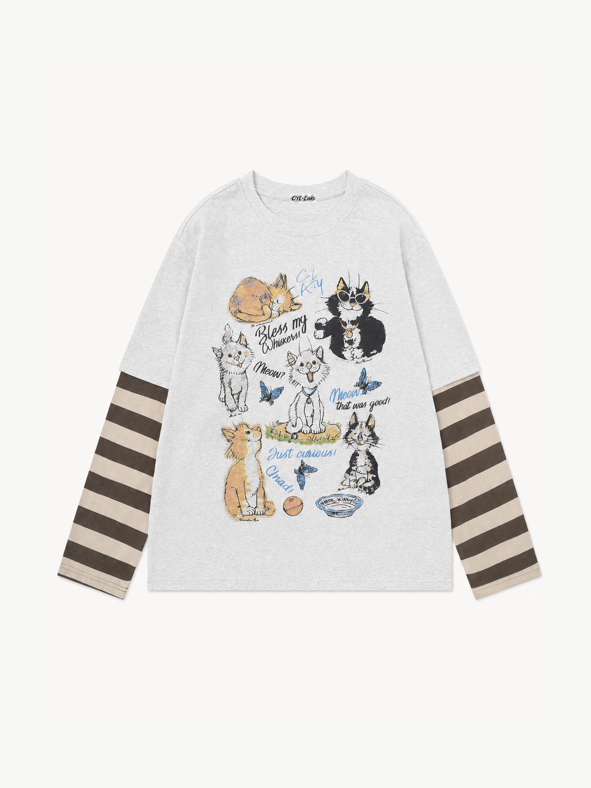 OYL-Lab Cat Graphic Fake Two Piece Long Sleeve Tee