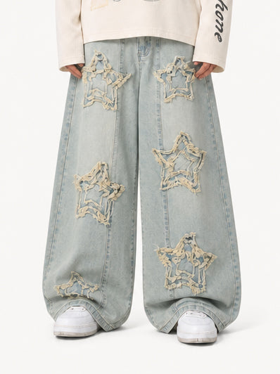 OYL-Lab Frayed Star Patch Wash Baggy Jeans