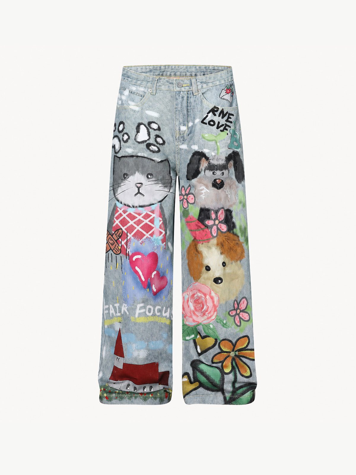 OYL-Lab Faux Denim Hand Drawn Cat Dog Print Pants