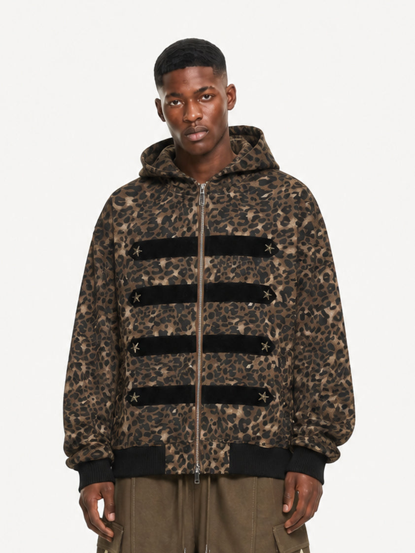 OYL-Lab Washed Black & Leopard Star Stud Zip Up Hoodie