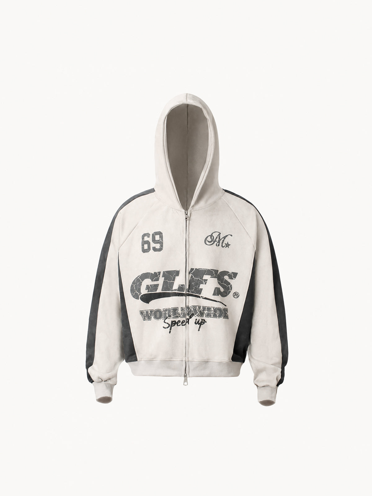 OYL‑Lab Vintage Crack Print Color‑Block Zip Up Hoodie