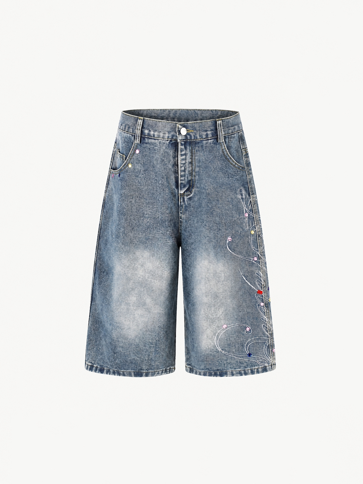 OYL-Lab Rhinestone Embroidered Jort Shorts
