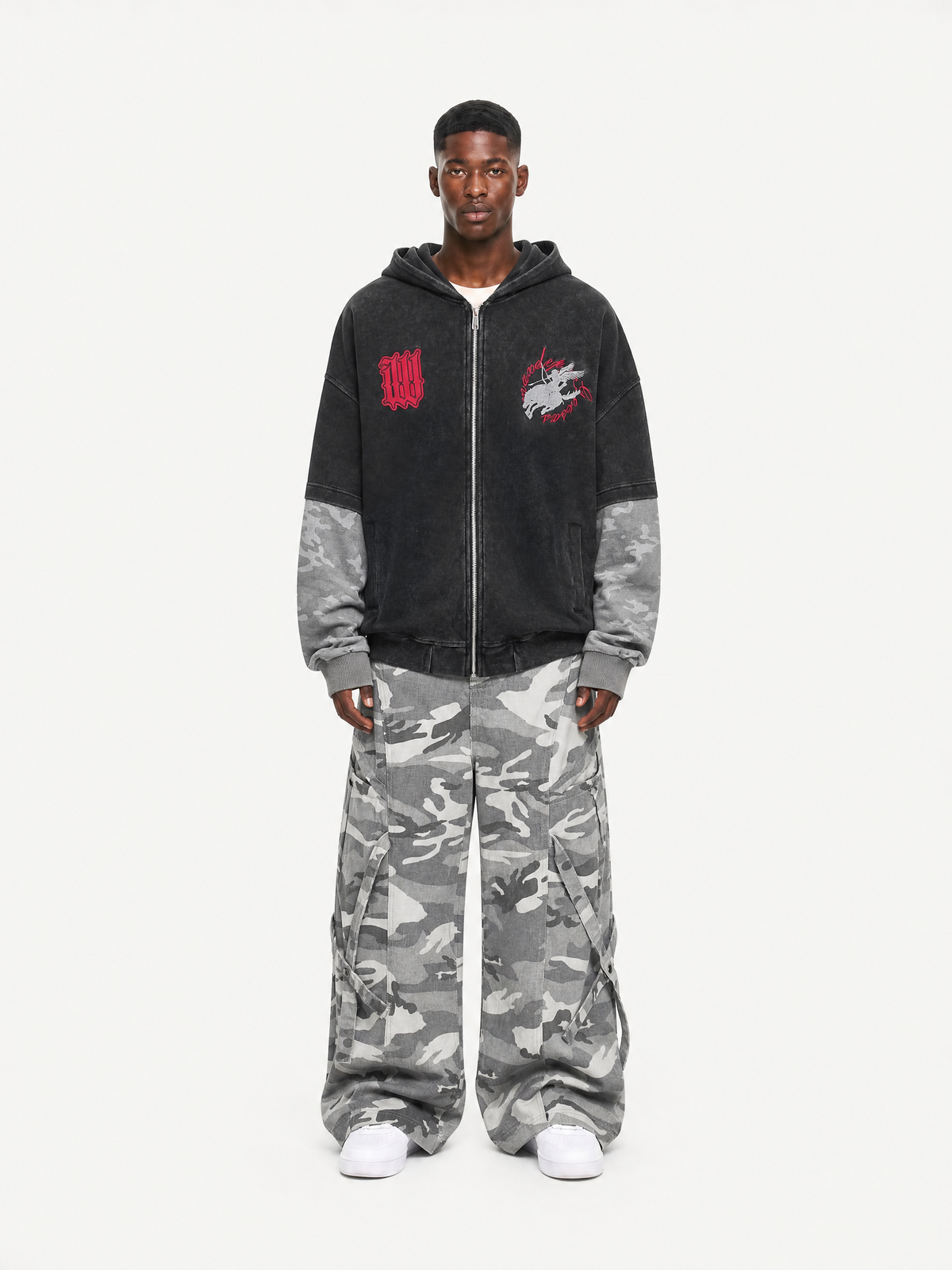 OYL‑Lab Acid‑Washed Camo Spliced Embroidered Zip‑Up Hoodie