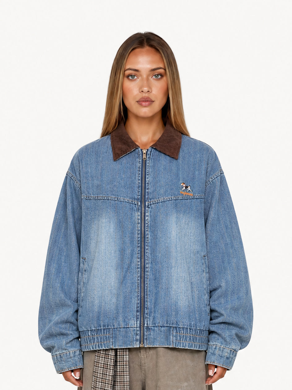 OYL-Lab Retro Corduroy Cute Puppy Embroidered Denim Jacket