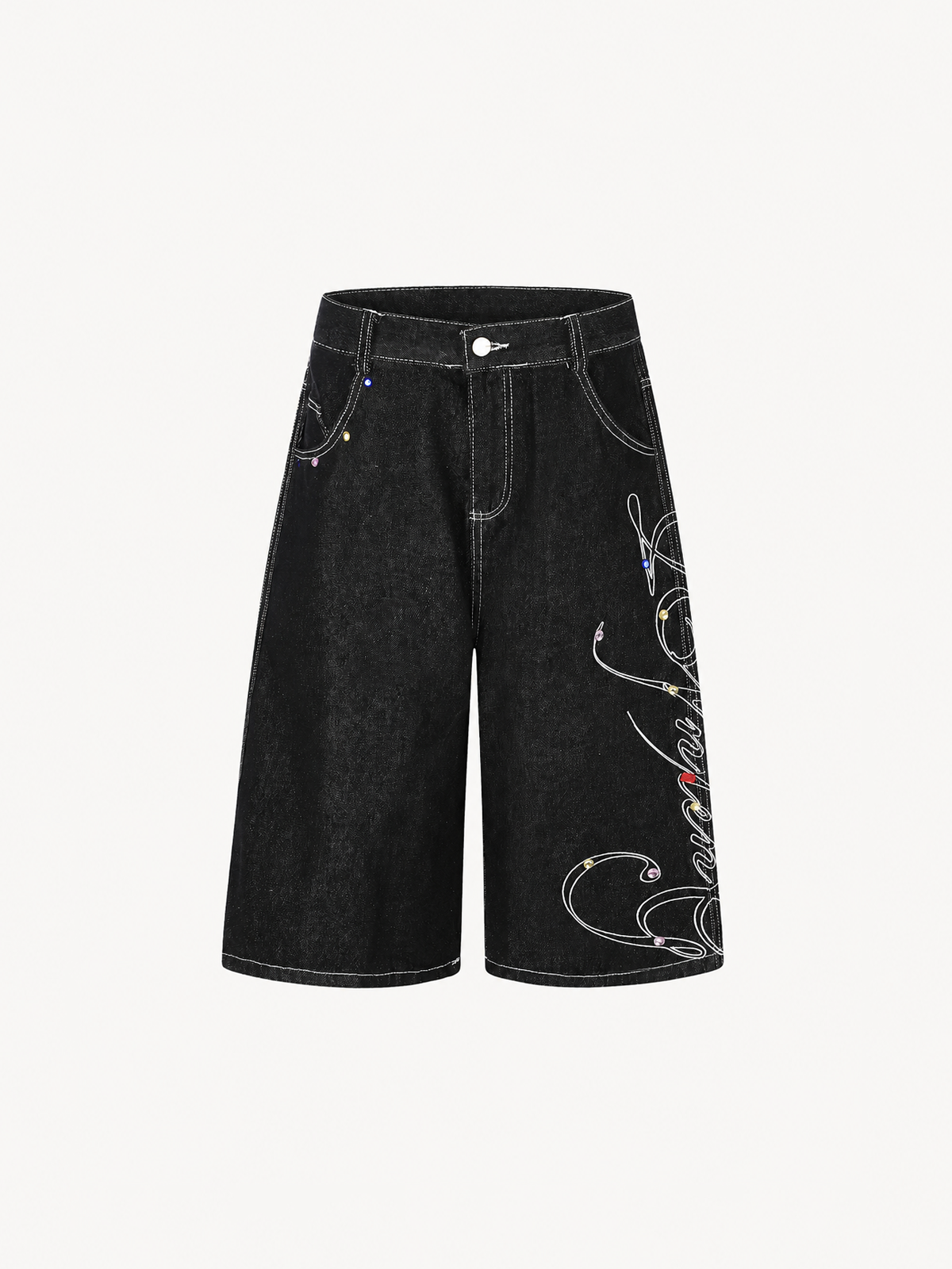 OYL-Lab Rhinestone Embroidered Jort Shorts