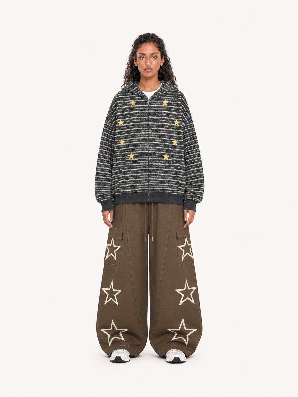OYL-Lab Oversized Striped Star Embroidered Zip Up Hoodie