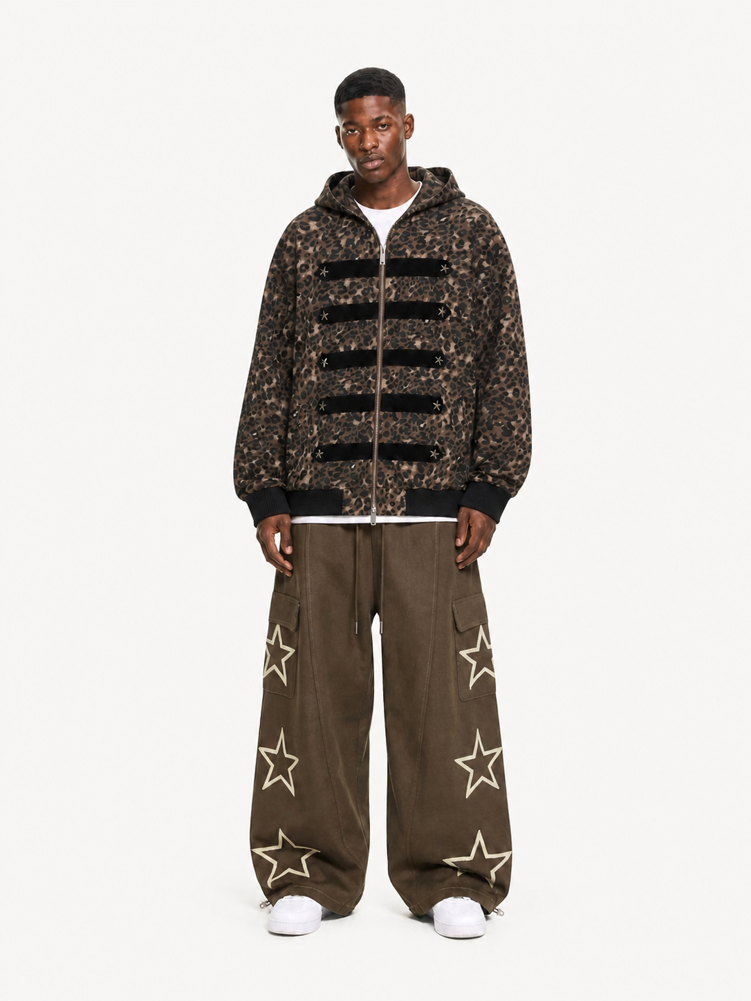 OYL-Lab Washed Black & Leopard Star Stud Zip Up Hoodie