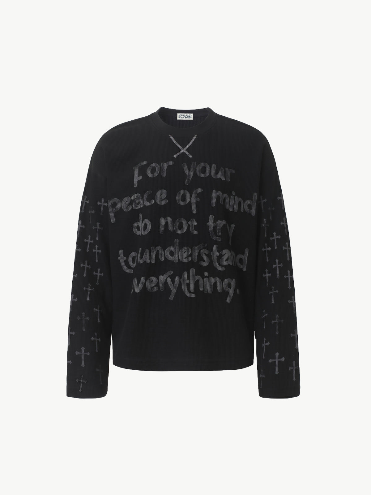 Gothic Cross Print Waffle Knit Long Sleeve Tee