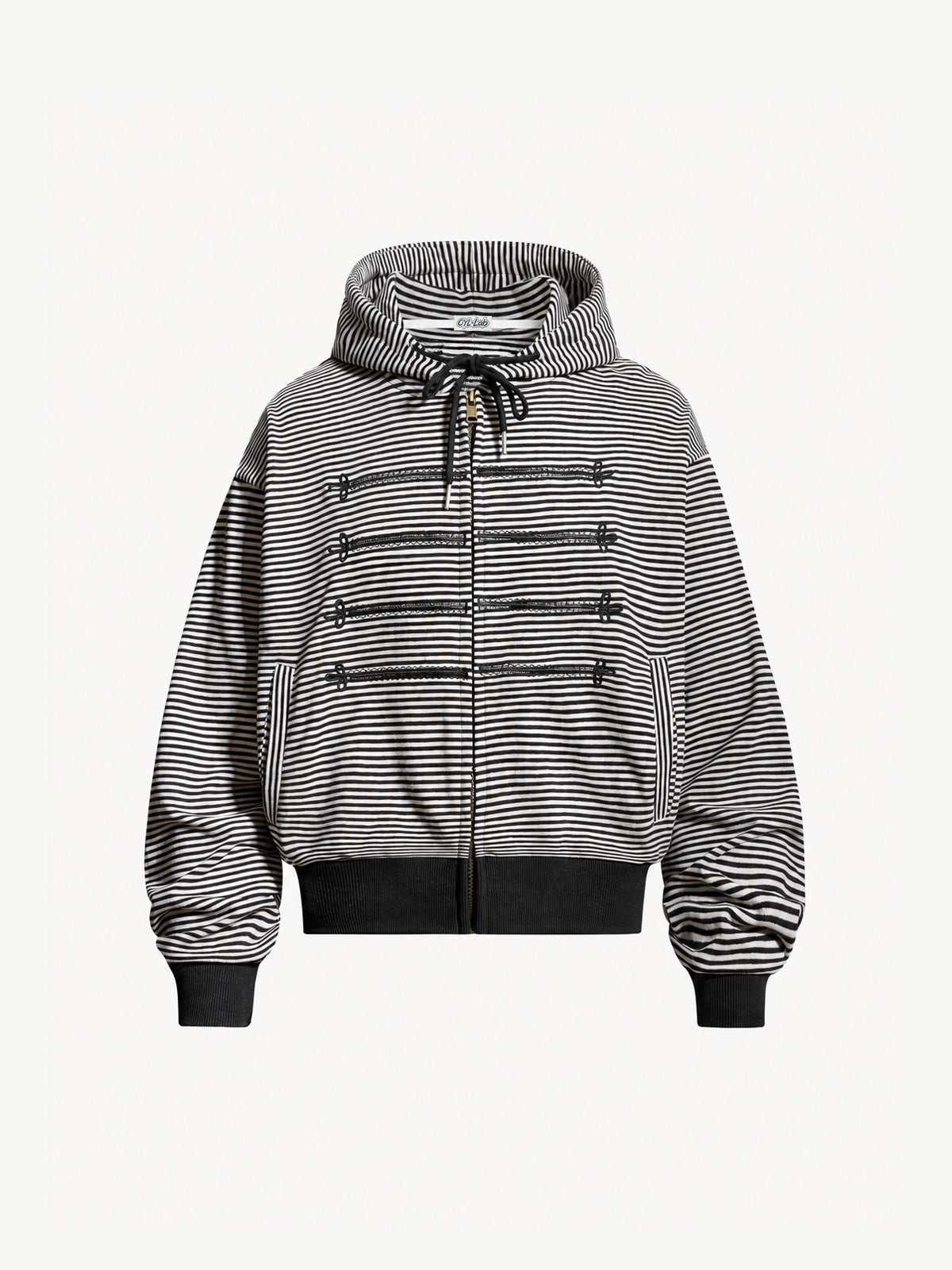 OYL-Lab Striped Military Embroidered Zip Up Cropped Hoodie