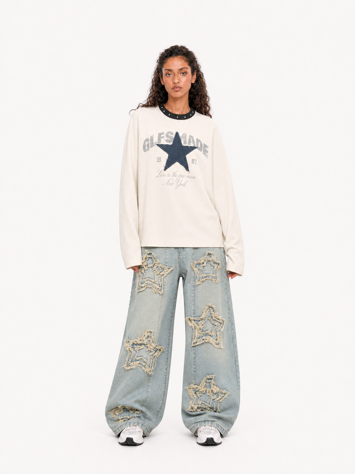 OYL-Lab Star Applique Waffle Long Sleeve Tee