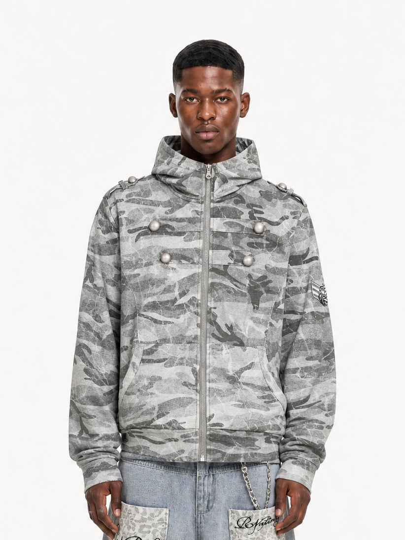 OYL-Lab Military Camo Epaulet Cropped Zip Hoodie