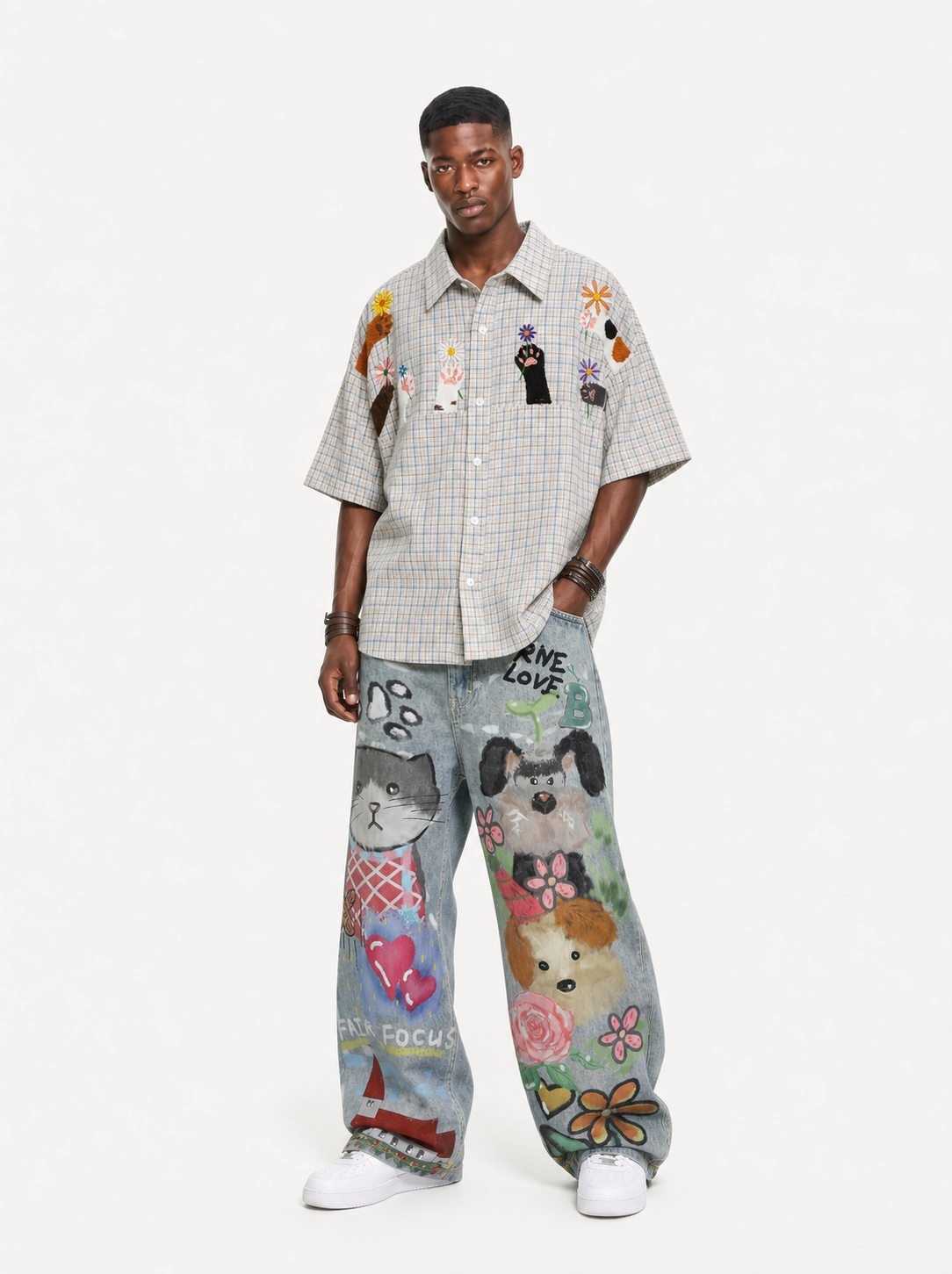 OYL-Lab Faux Denim Hand Drawn Cat Dog Print Pants