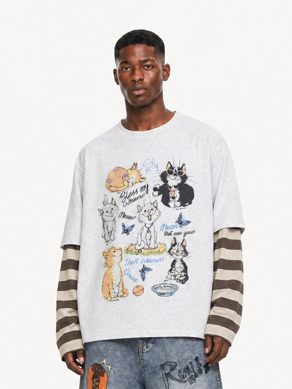 OYL-Lab Cat Graphic Fake Two Piece Long Sleeve Tee