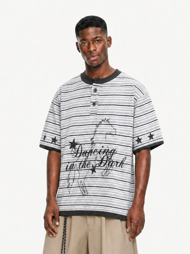OYL-Lab Stripe Henley Neck Vintage Print Tee