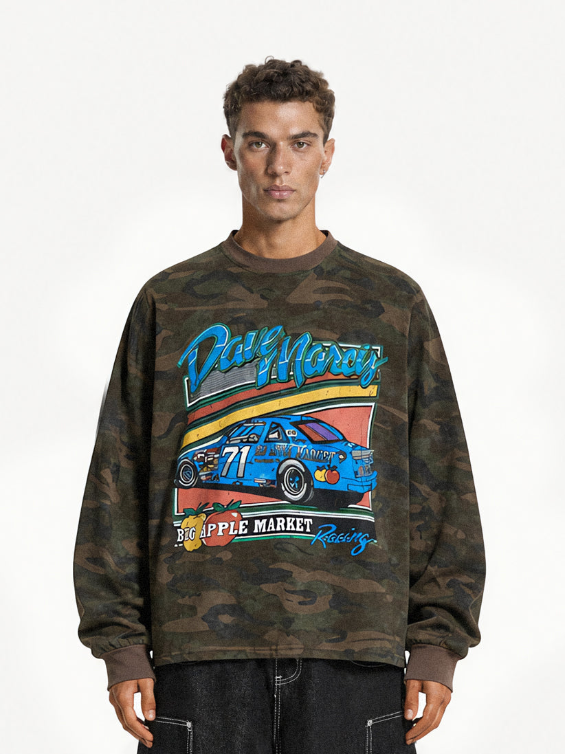 OYL‑Lab Camouflage Vintage Racing‑Car Graphic Crew Neck Sweatshirt