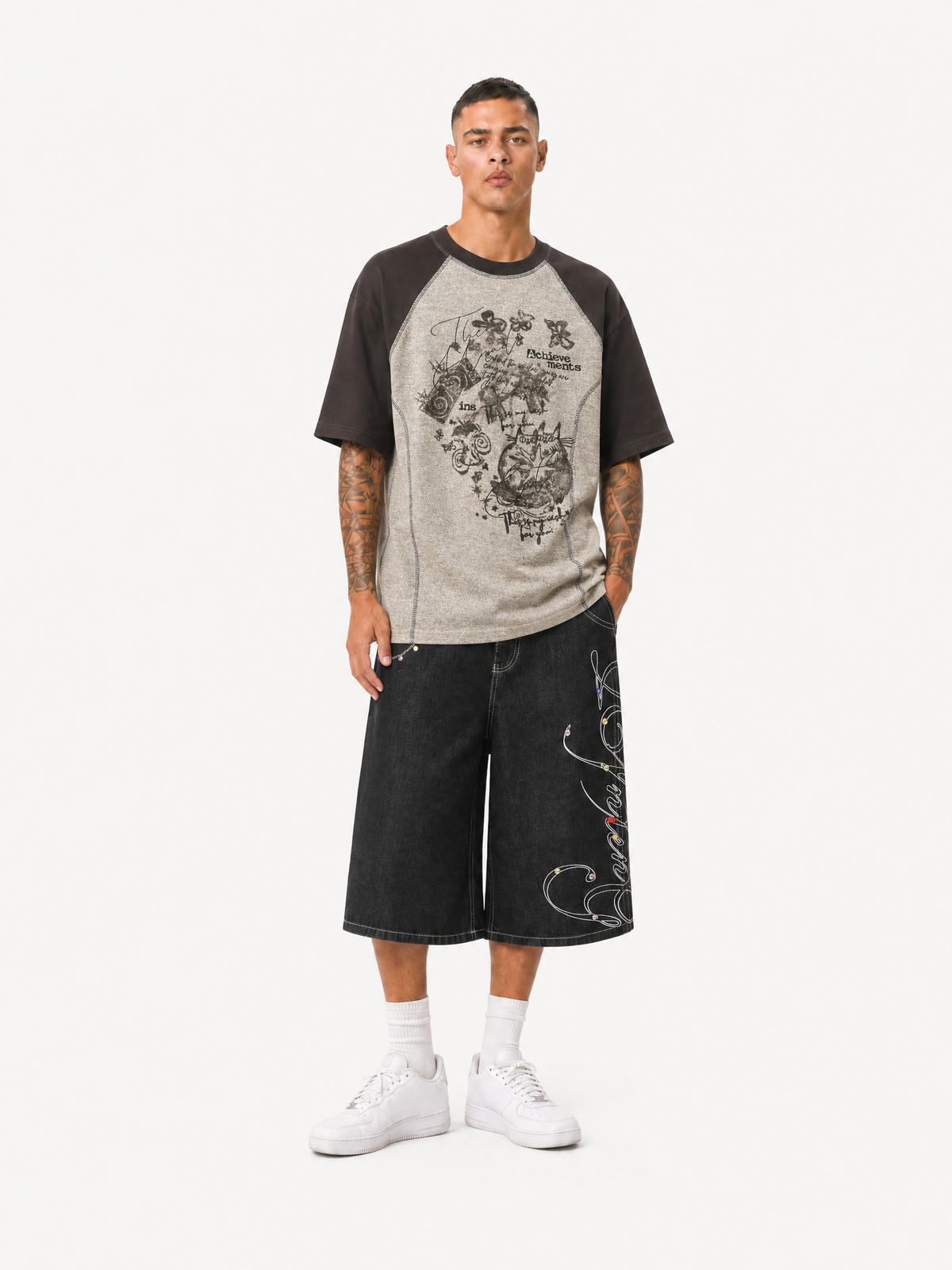 OYL-Lab Faded Sketch Cat Butterfly Color Block Tee