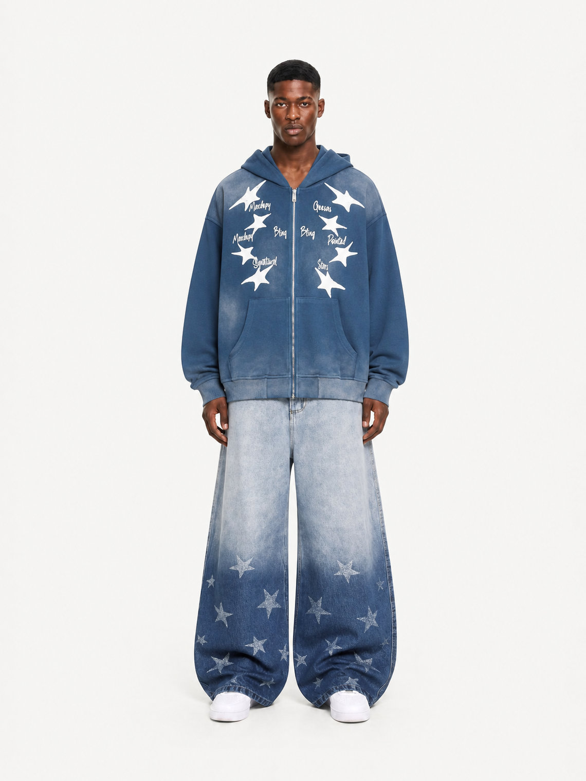 OYL-Lab Vintage Acid Wash Star Print Zip Up Hoodie