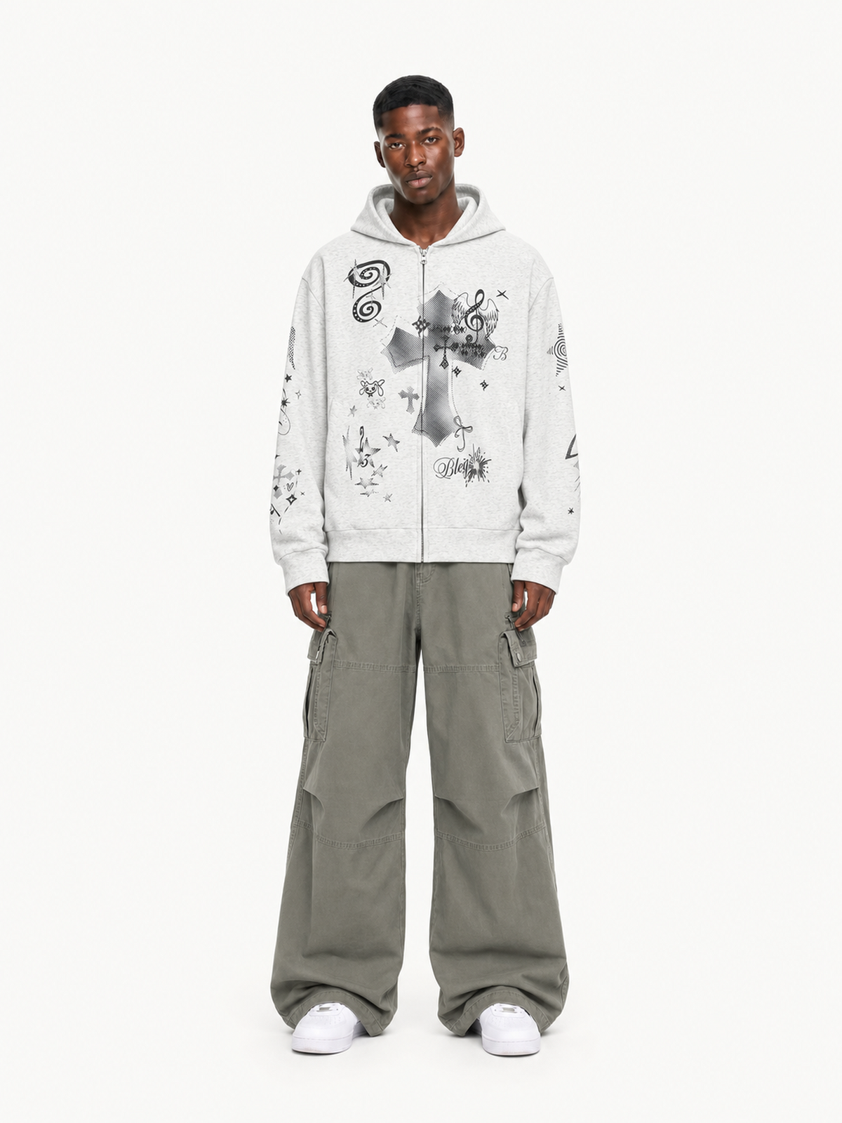 OYL-Lab Retro Halftone Cross Graphic Zip Up Hoodie