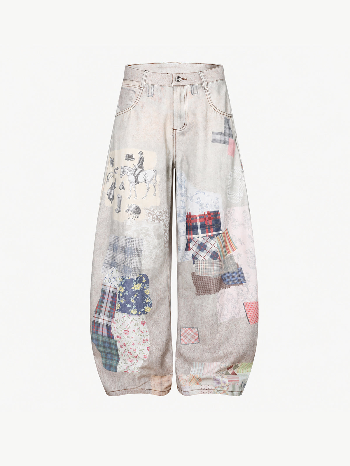 OYL-Lab Faux Denim Vintage Patchwork Print Pants