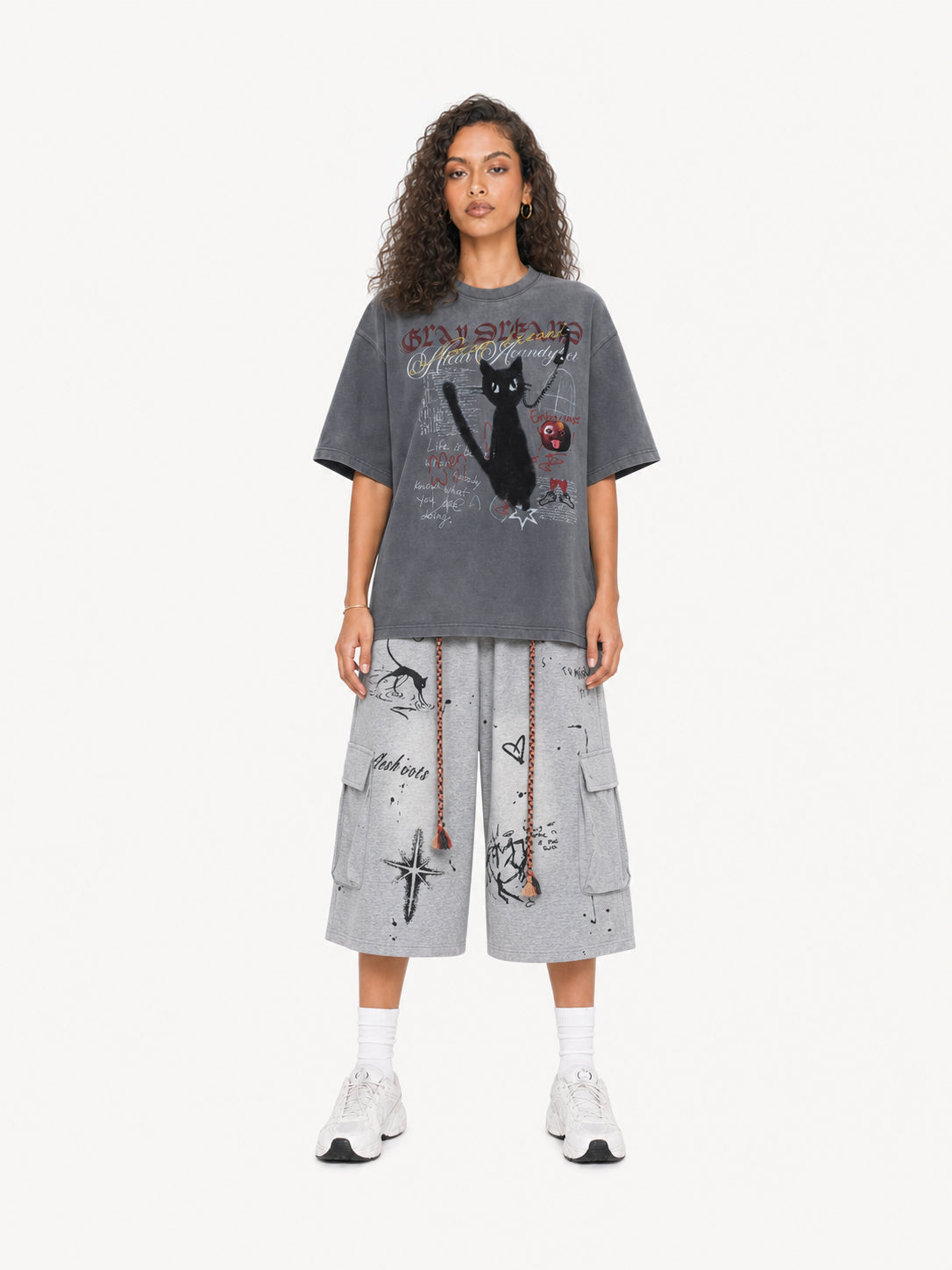 OYL-Lab Vintage Washed Black Cat Graffiti Tee