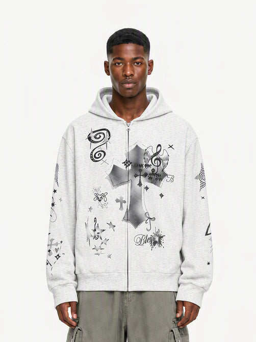OYL-Lab Retro Halftone Cross Graphic Zip Up Hoodie