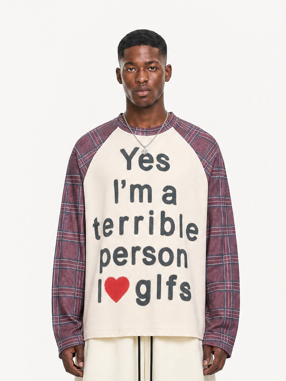 OYL-Lab Slogan Graphic Waffle Knit Raglan Long Sleeve Tee