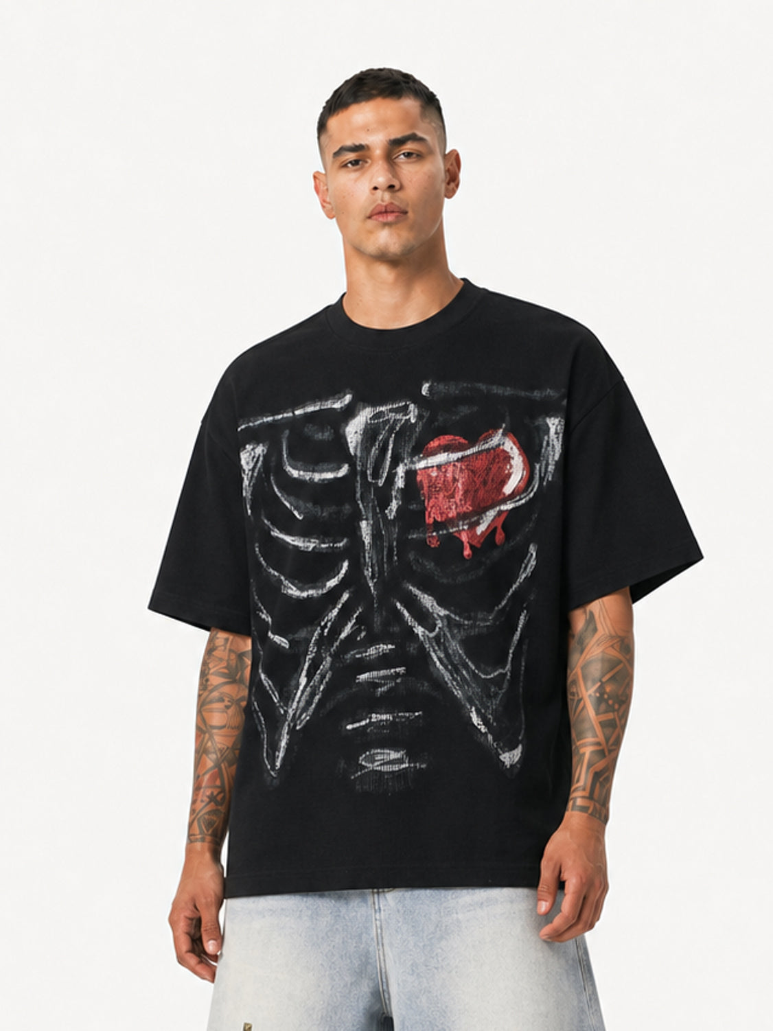 OYL-Lab Waffle Knit Skeleton Heart Tee