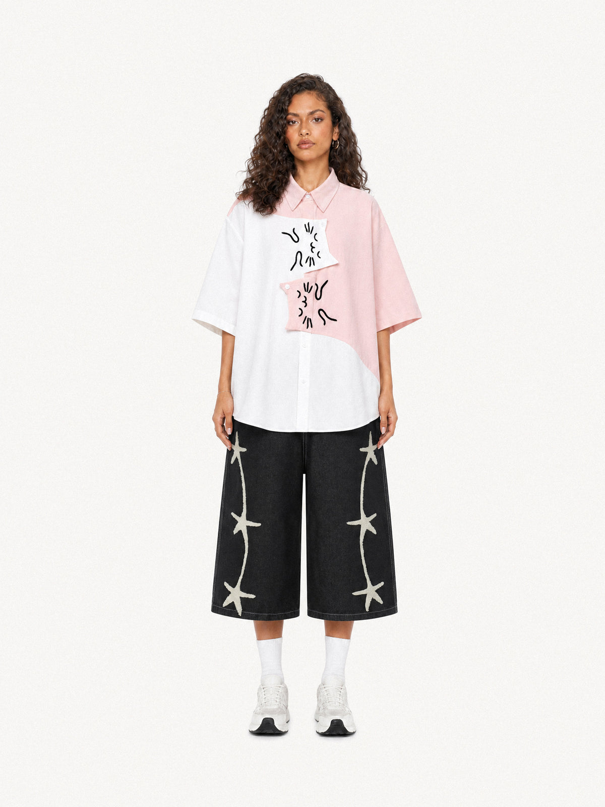 OYL-Lab Color Block Cat Embroidery Short Sleeve Shirt