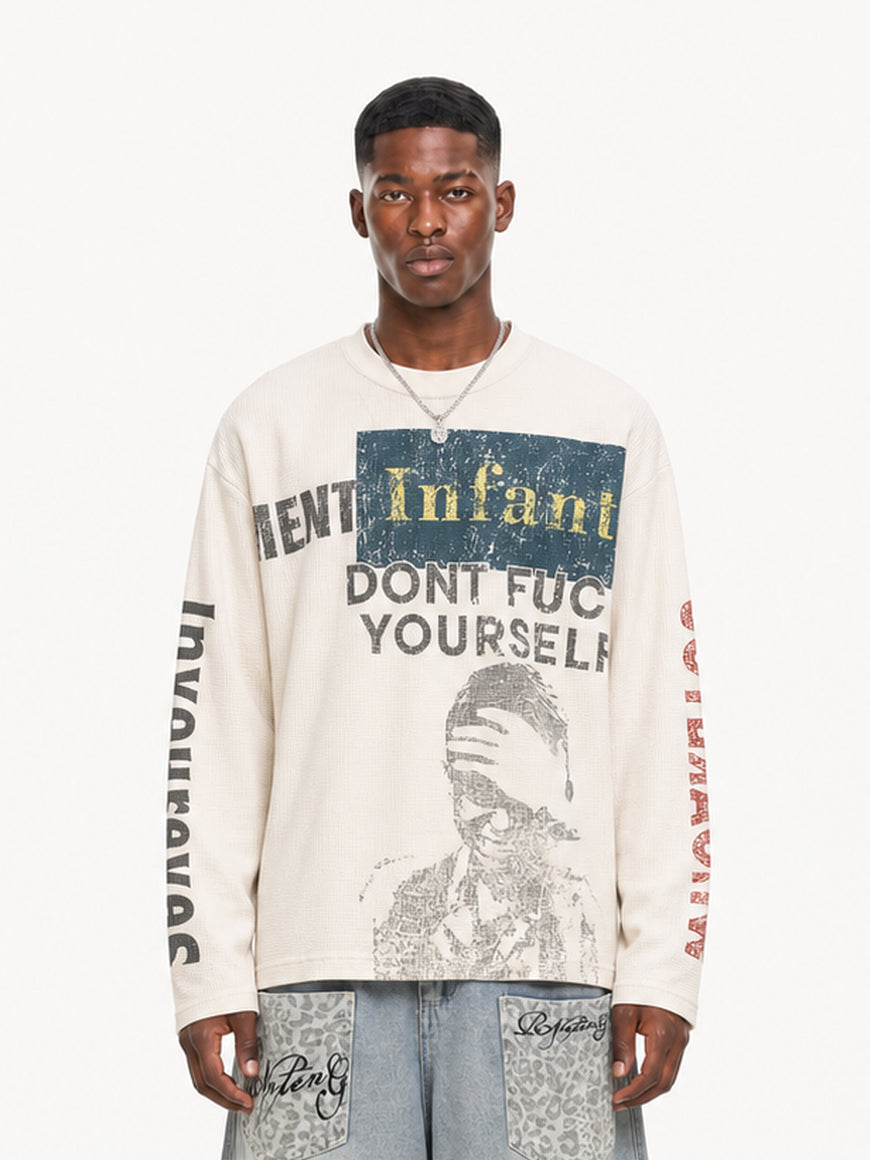 OYL-Lab Waffle Distressed Print Long Sleeve Tee