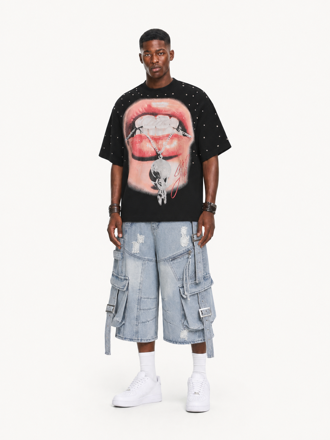 OYL-Lab Waffle Knit Lips Skull Graphic Tee
