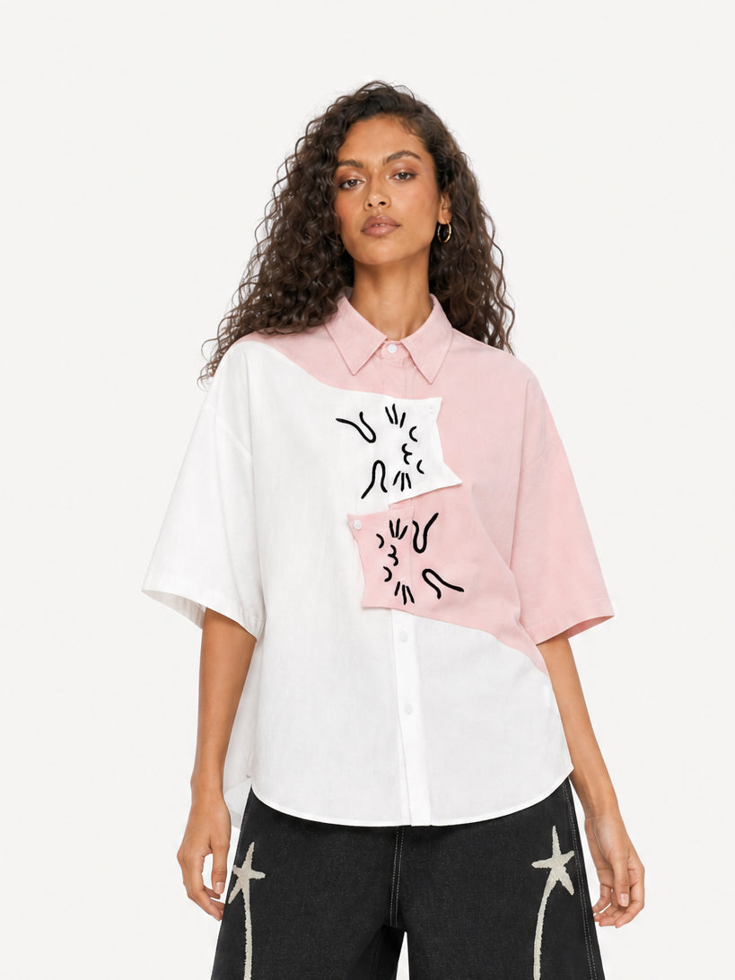 OYL-Lab Color Block Cat Embroidery Short Sleeve Shirt