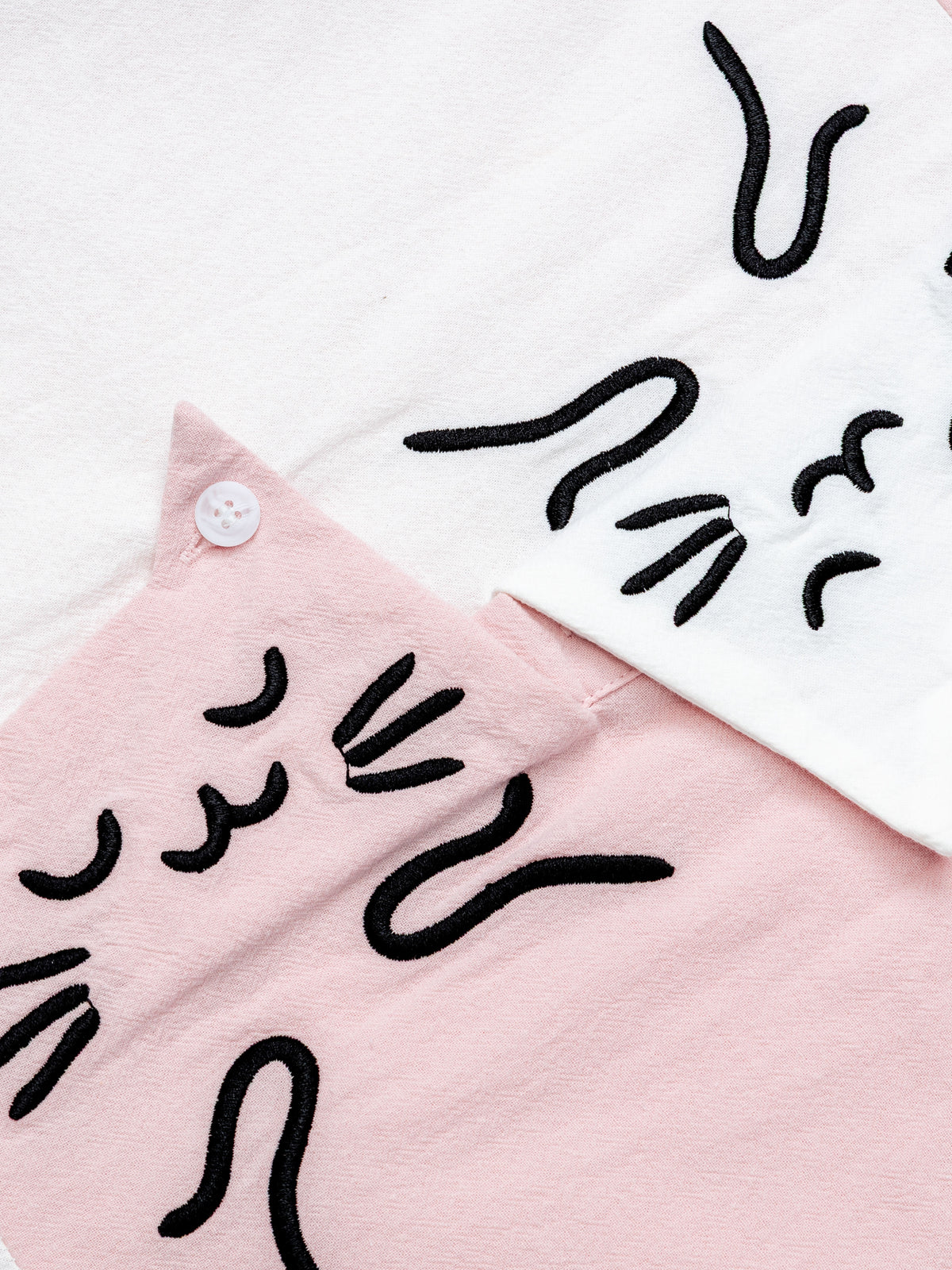OYL-Lab Color Block Cat Embroidery Short Sleeve Shirt