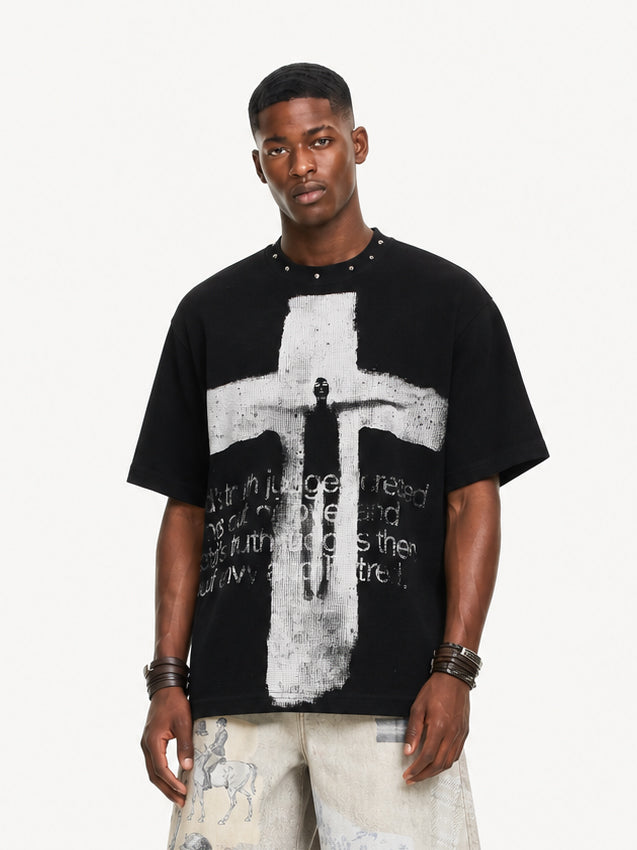 OYL-Lab Stud Collar Cross Figure Waffle Tee