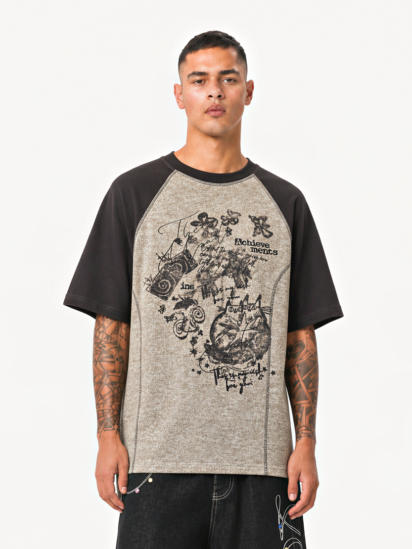 OYL-Lab Faded Sketch Cat Butterfly Color Block Tee