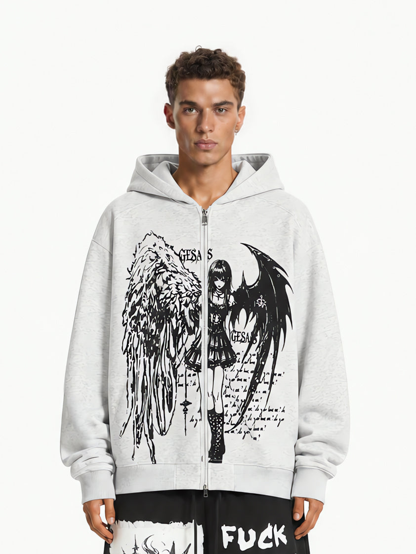 OYL‑Lab Angel Demon Girl Graphic Zip UP Hoodie