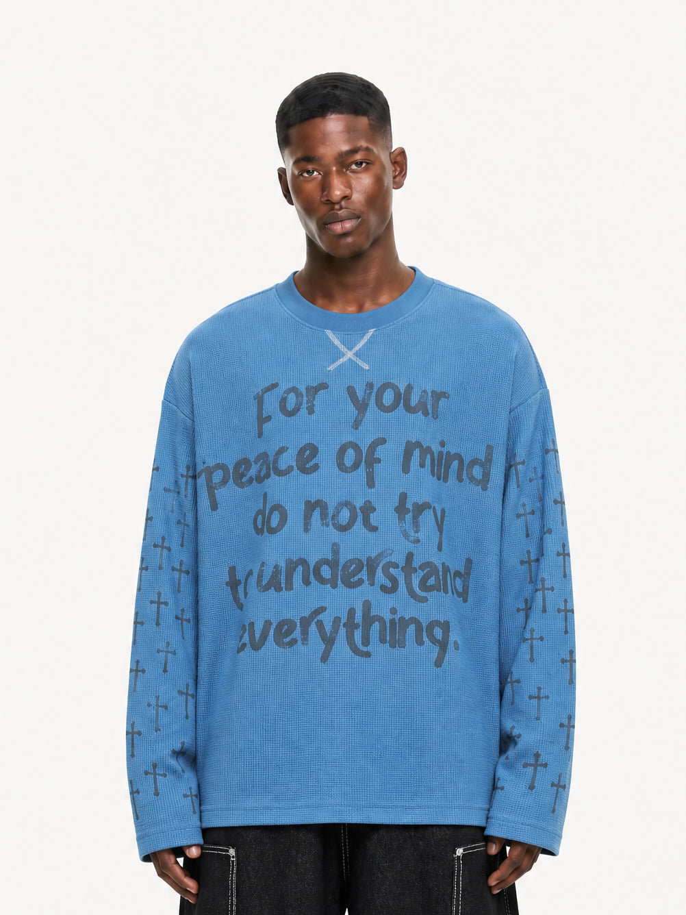 Gothic Cross Print Waffle Knit Long Sleeve Tee