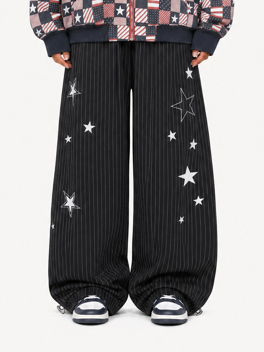 OYL-Lab Pinstripe Star Embroidered Barrel Baggy Sweatpants