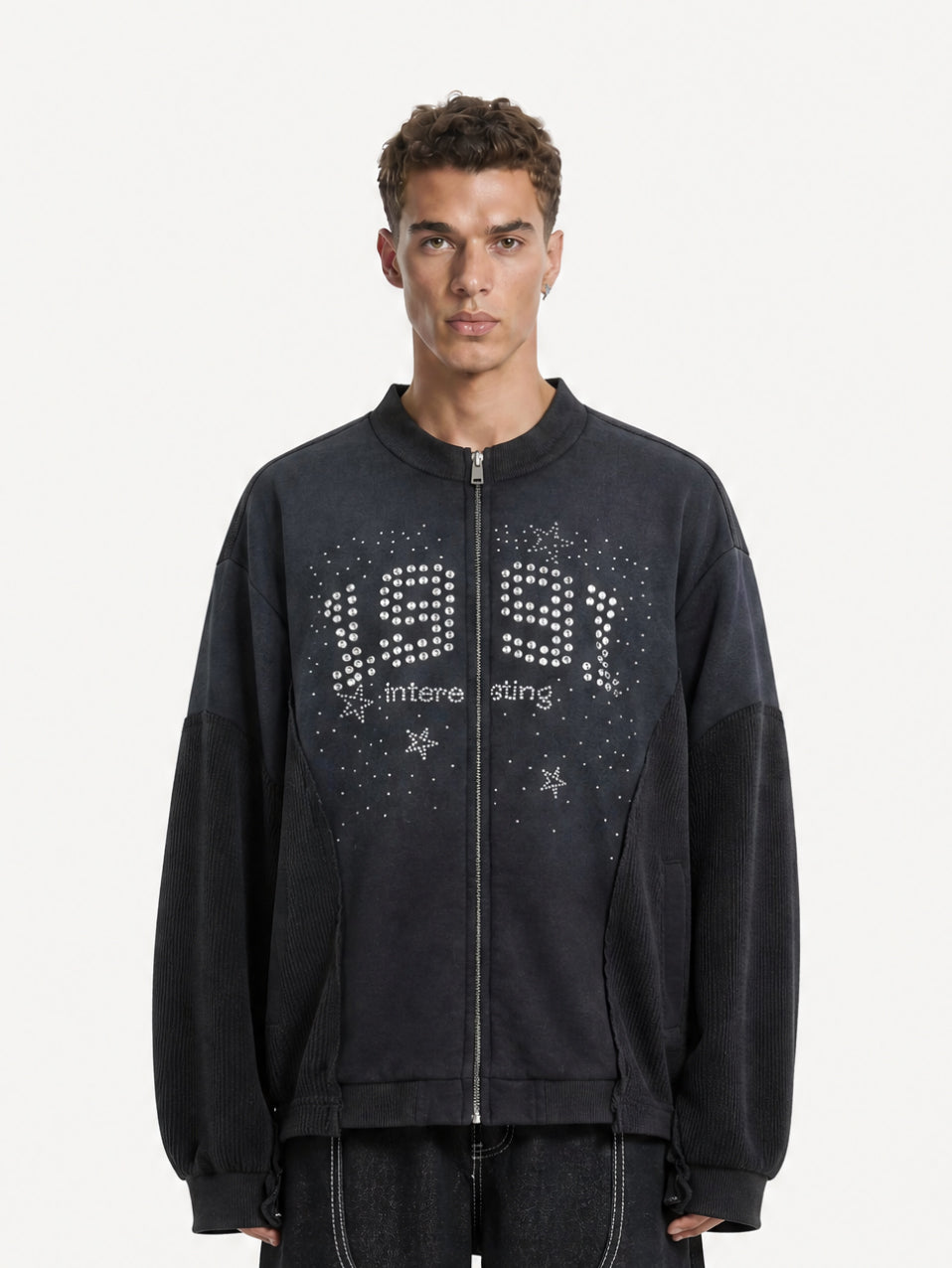 OYL-Lab Vintage Washed Rhinestone Graphic Bomber Jacket