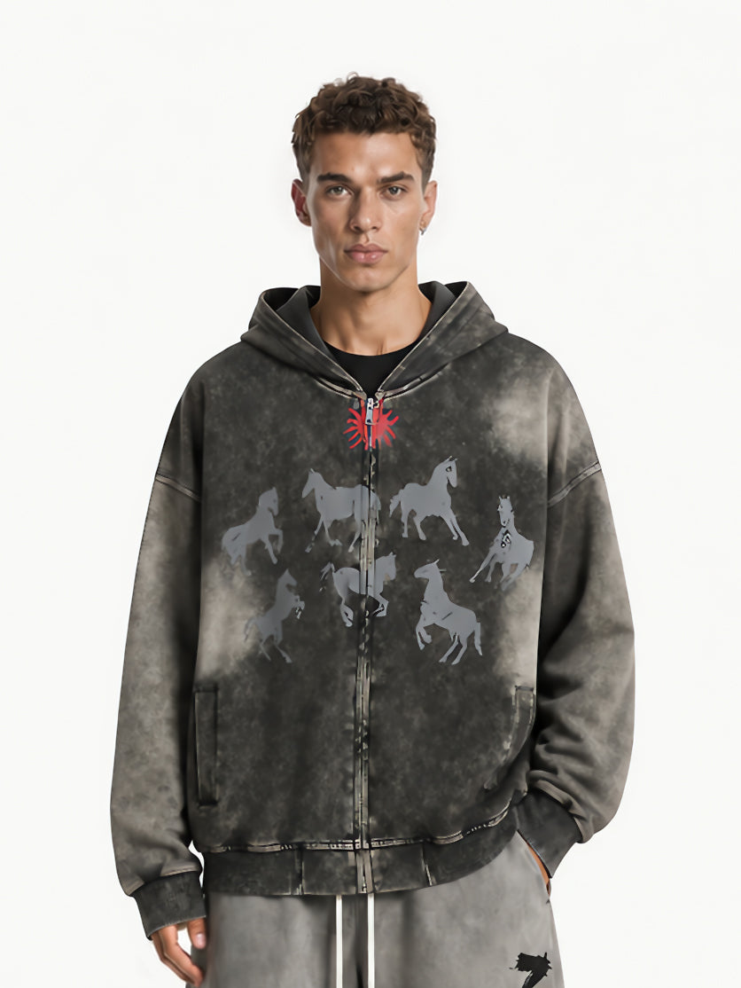 トップス 00s hooded draped jacket wild horse y2k OYL‑Lab Vintage Washed Horse Graphic Zip‑Up Hoodie – OYL-LAB