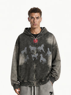 OYL‑Lab Vintage Washed Horse Graphic Zip‑Up Hoodie