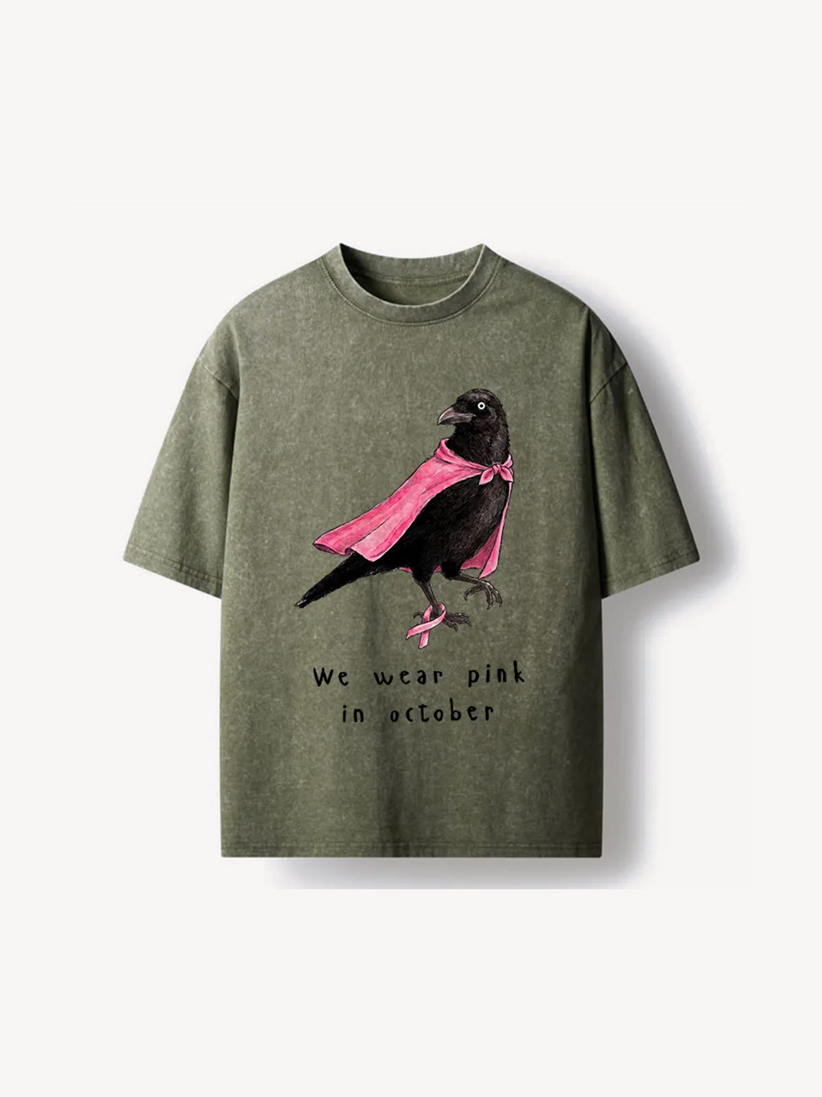 OYL-Lab Pink Ribbon Raven Breast Cancer Awareness Washed Tee