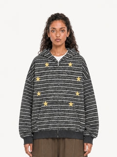 OYL-Lab Oversized Striped Star Embroidered Zip Up Hoodie